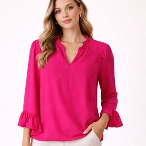 CeCe Ruffle Sleeve Blouse Hot Pink V-Neck Top - Size M